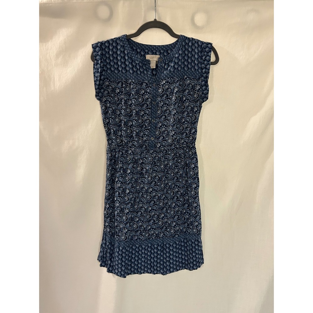 Loft Outlet Navy Blue Paisley Floral Button Front Elastic Waist Mini Dress XS